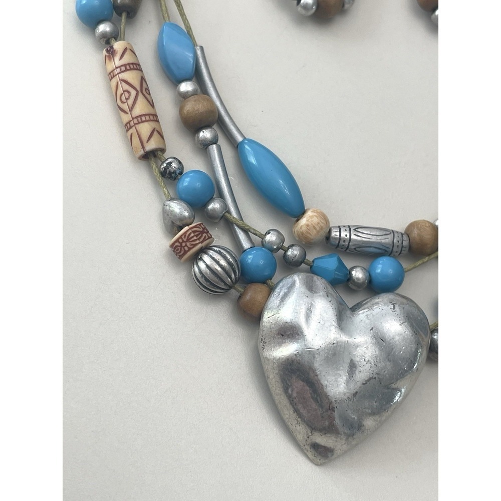 Multi-strand Beaded Necklace and Earring Set Heart Silver Tone Rodeo Western - Picture 3 of 5